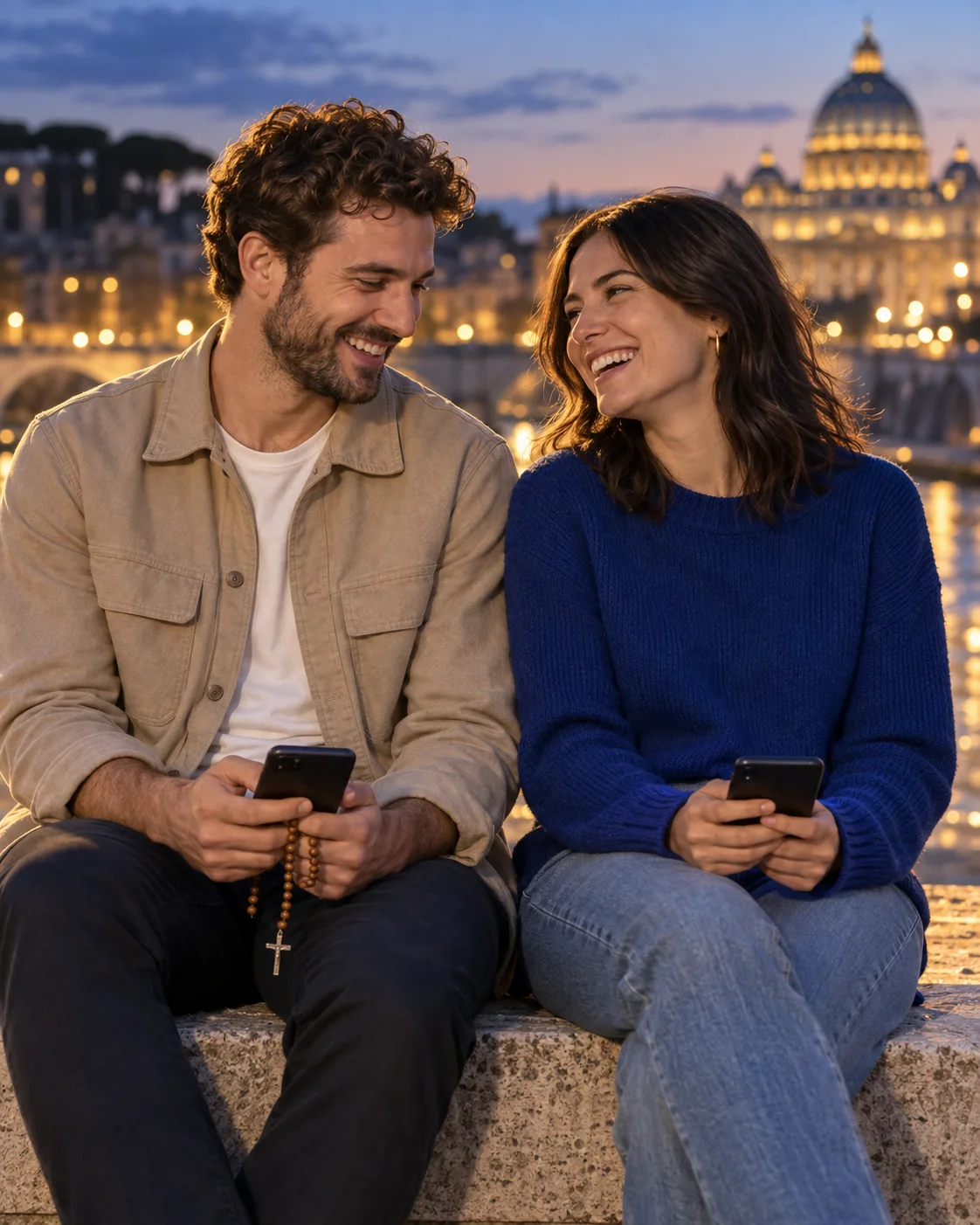 Escena editorial generada de un hombre y una mujer adultos sonriendo con teléfonos y un rosario al anochecer.
